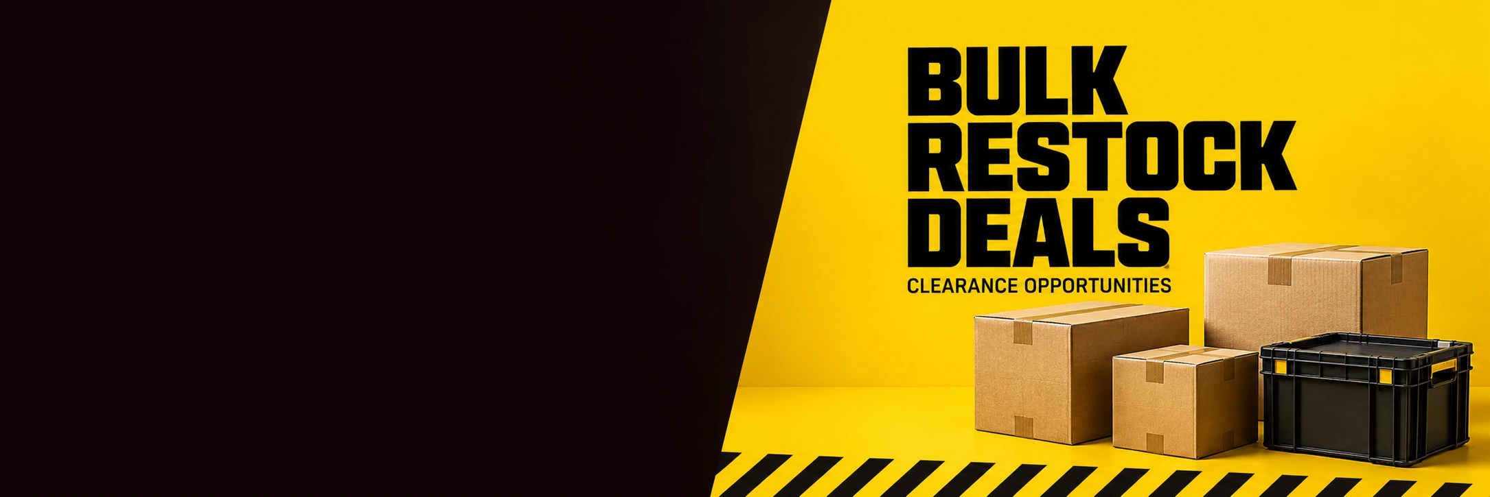 Bulk restock deals and clearance opportunities with shipping cartons on a black and yellow background