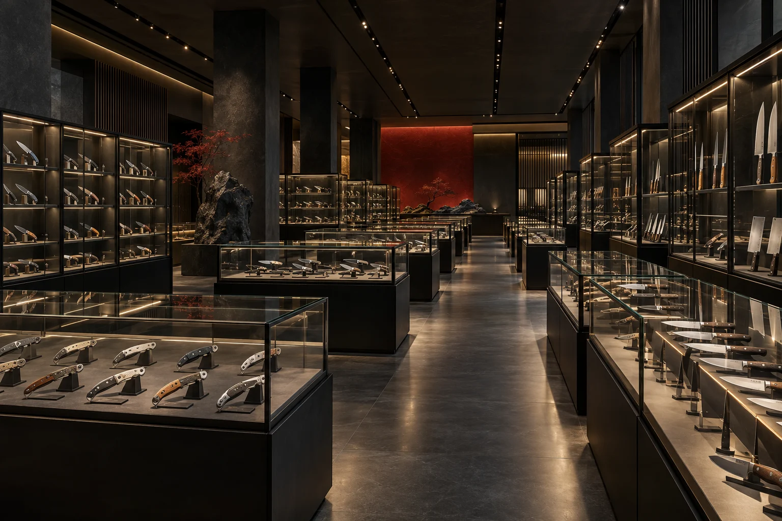 Knife showroom with glass displays — illustrative artwork