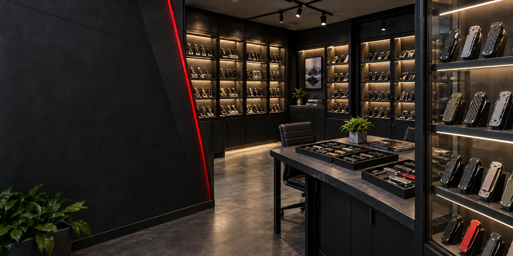 Knife samples displayed in a dark showroom