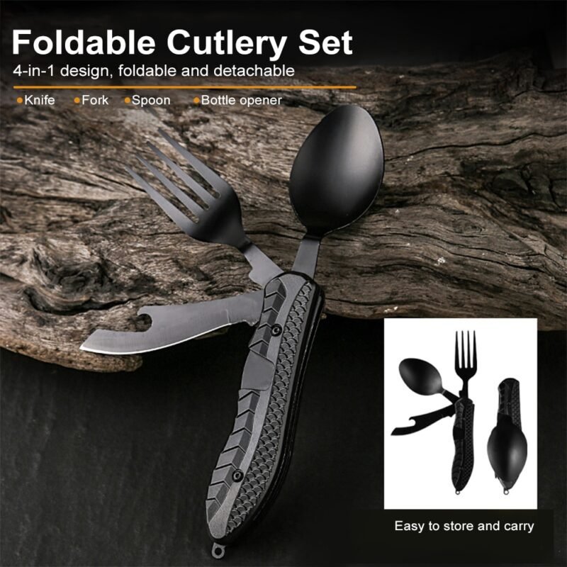 4 In 1 Multitool Outdoor Camping Utensils Portable Stainless Steel Foldable Spoon Fork Knife Bottle Opener Combo Set Cutlery