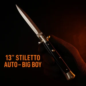 wholesale Best Sellers knives for sale, wholesale knife, wholesale knife catalog- OTFKNIFEWHOLESALE.COM 13 inch stiletto automatic “Big Boy” Italian style switchblade, polished bolsters, black handle