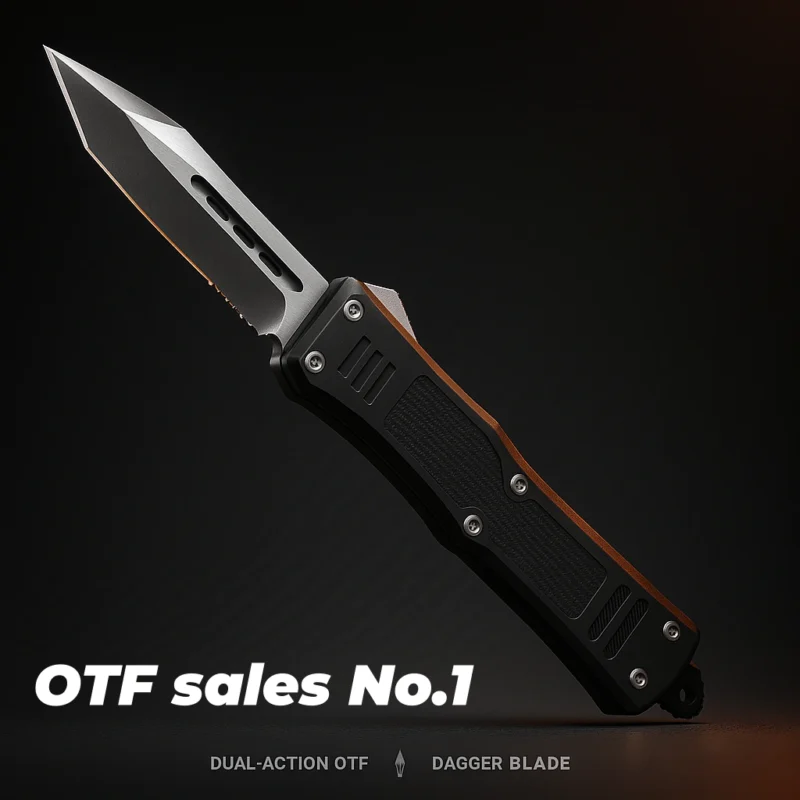 “Premium dual-action OTF knife with dagger blade on a dark studio background, highlighted by warm orange rim light.”