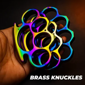 wholesale 首页 OTF knives wholesale,otfknifewholesale.com,Knife manufacturer,Wholesale knives,Bulk knives,OEM knives,Custom knife manufacturing,Bulk order knives,Automatic knives wholesale,Wholesale pricing knives- OTFKNIFEWHOLESALE.COM Titan Grip brass knuckles with iridescent rainbow finish on a dark studio background, wholesale display piece.