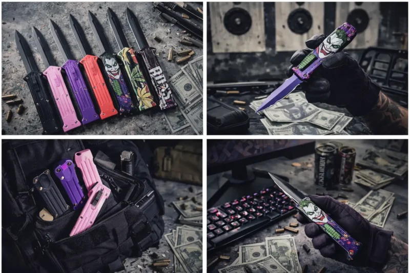 Joker themed double action OTF knife shown in tactical everyday carry scene