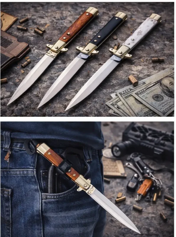 wholesale 13 inch stiletto auto “Big Boy” – Italian-Style Switchblade | Factory-Direct 13 inch stiletto auto,Italian style switchblade,big boy stiletto knife,13 automatic stiletto,stiletto switchblade 13 inch- OTF Knives Wholesale Manufacturer | TOP KNIVES LLC 13 inch Italian stiletto automatic knife shown in a realistic everyday carry scene