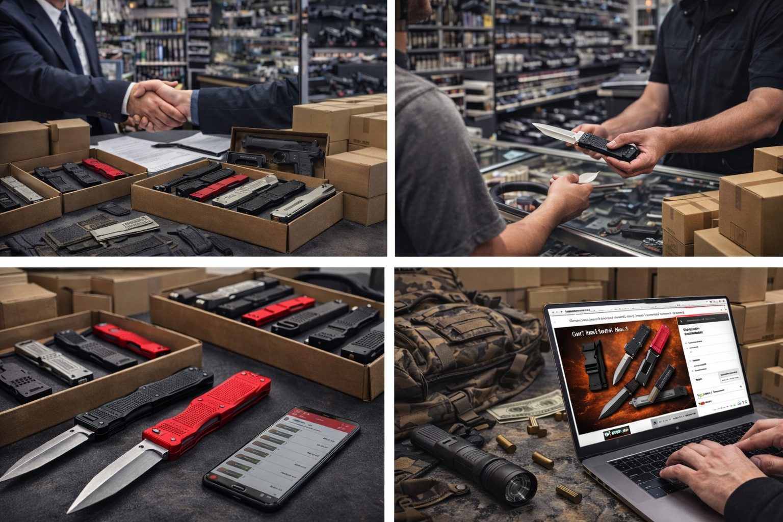 Dual action OTF knives displayed in a wholesale and retail sales environment