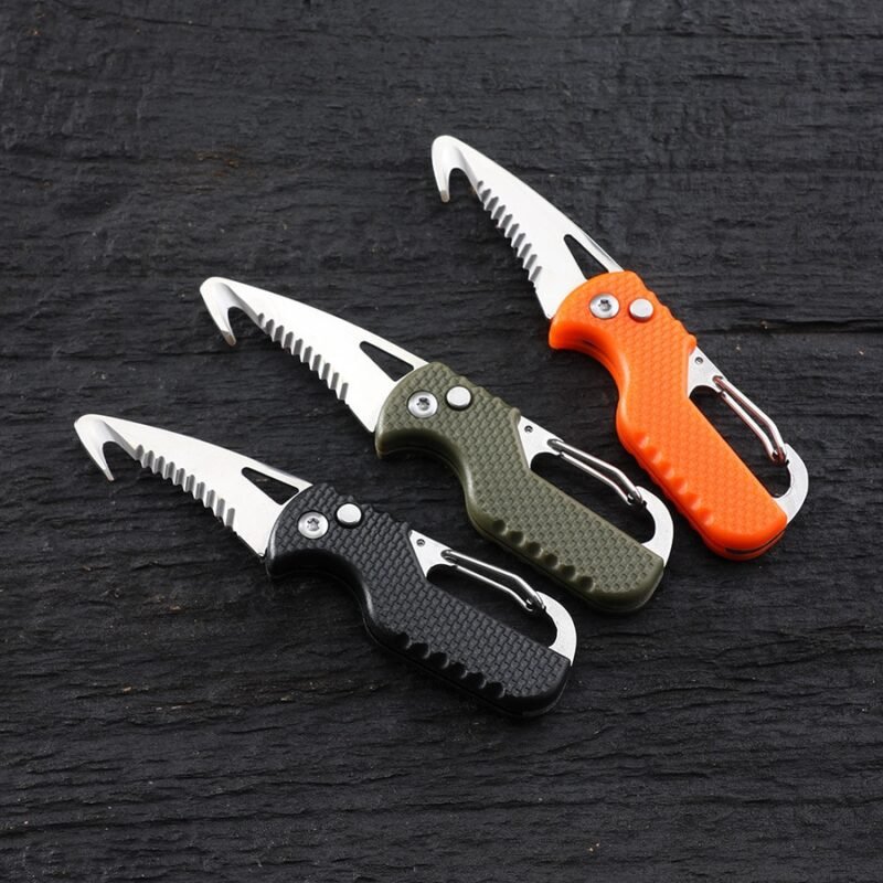 Outdoor Camping Portable Folding Knife Multifunctional Serrated Hook Knife Stainless Keychain Survival Cutter Tool Box Opener