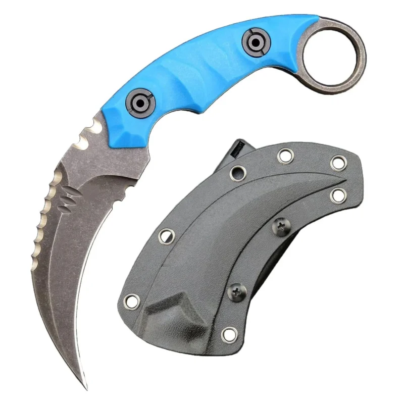 Karambit Knife D2 Steel + Nylon Fiberglass Handle Outdoor Claw Knife With Kydex Sheath Edc-Blue - Image 1