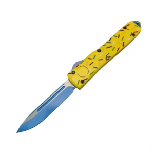 Bright Yellow UTX-OTF Knife with Blue Blade – Wholesale Customizable Automatic Knife with Sprinkle Design - Image 2