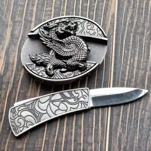 Belt Buckle Knife-Double Gun Knife Buckle Embossed Black - Image 2