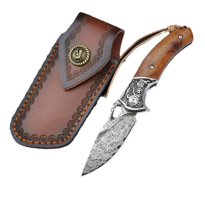 Outdoor knife VG-10 Damascus steel folding knife collection camping field sand iron wood color shell folding knife - Image 1