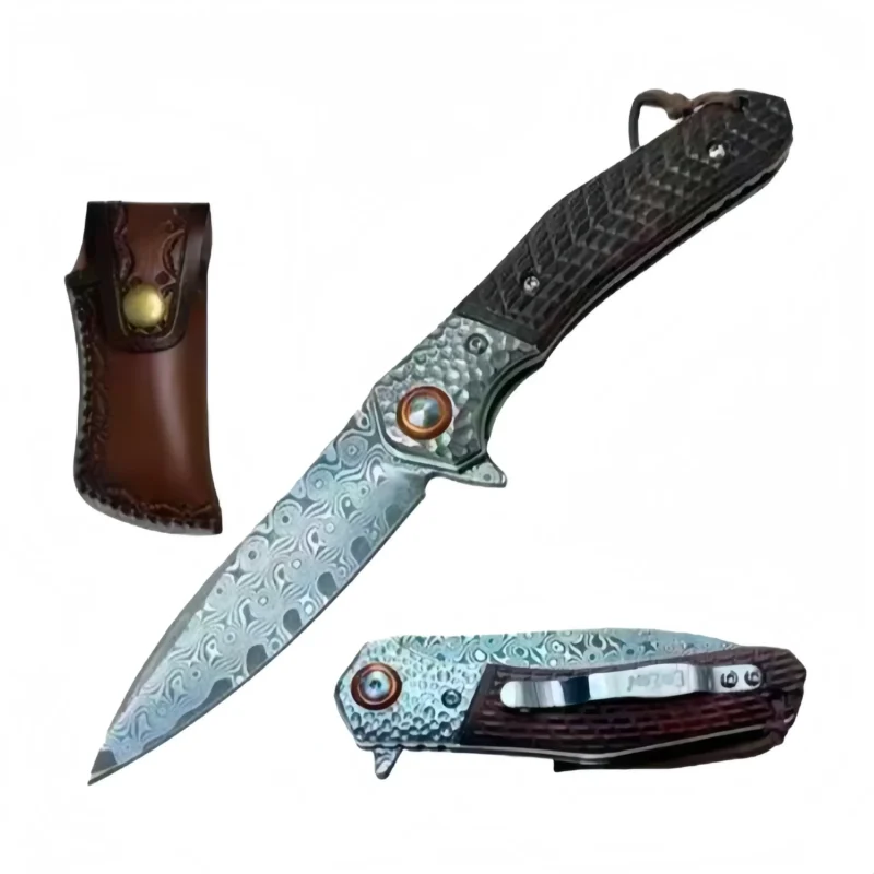 4” 10-B004WD damascus blade knife wood handle with leather pouch - Image 1