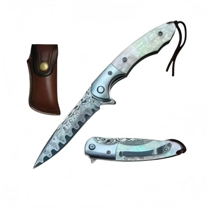4” 10-B005WP damascus blade knife pearl handle with leather pouch - Image 1
