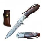 4” 10-B005WD damascus blade knife wood handle with leather pouch