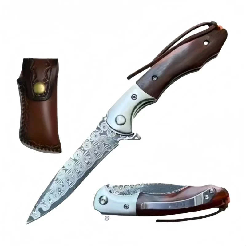 4” 10-B005WD damascus blade knife wood handle with leather pouch - Image 1