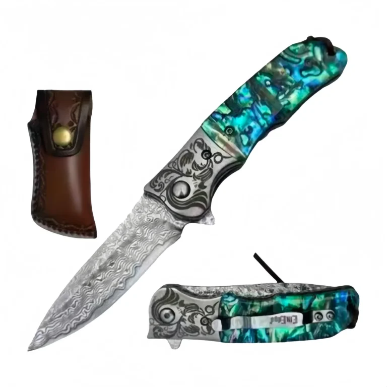 4” 10-TK1TR0-ST damascus blade knife abalone handle with leather pouch