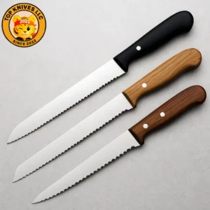 Serrated knives thumbnail—three bread/utility knives with stainless serrated blades on a clean light background