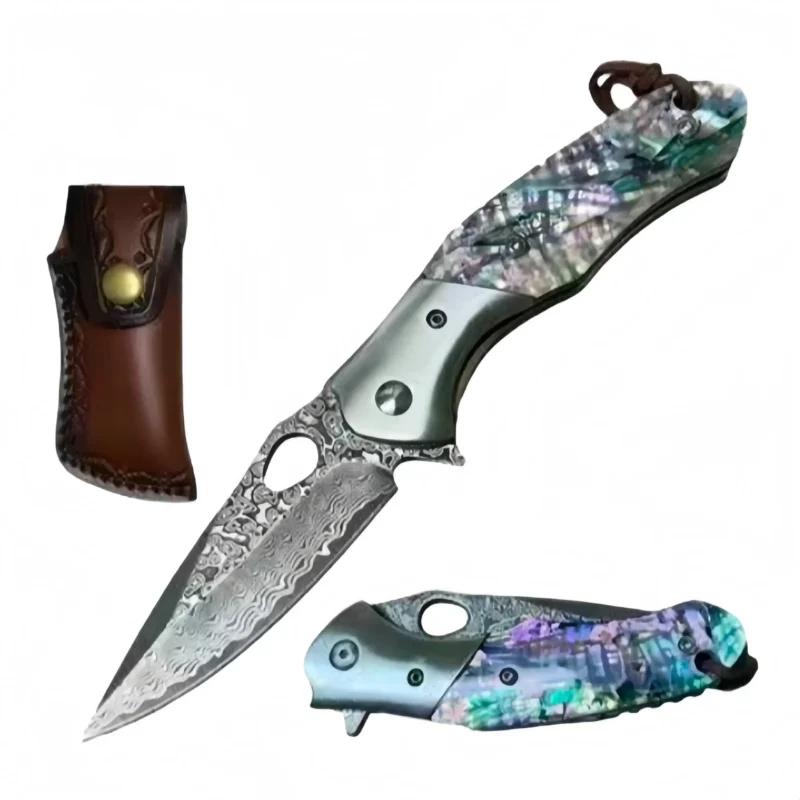 4.5” 10-B009ABdamascus blade knife abalone handle with leather pouch - Image 1