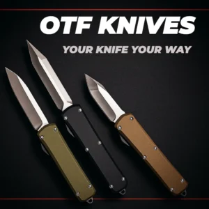 Miniatura dei coltelli OTF: tre OTF tattici su uno sfondo color crema con strisce diagonali blu navy/rosse e testo in grassetto "OTF KNIVES"