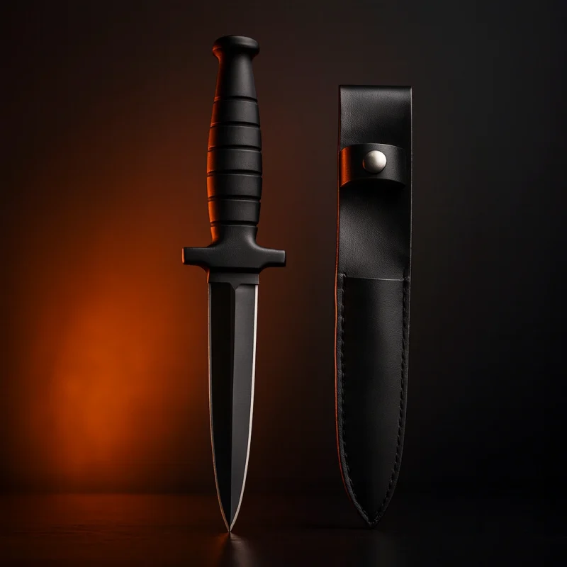 Compact black fixed blade with sheath on a dark studio background; heat-treated stainless blade, wholesale private-label.