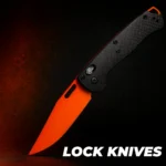 Folding knife with orange coated blade and carbon-fiber texture scales on a dark studio background with warm rim light (wholesale/private label).