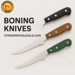 Boning knives thumbnail—three curved stainless blades with black, wood and green handles on a clean backdrop