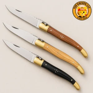 Laguiole knives thumbnail—three folding knives with bee emblem, fileworked backspring, brass bolsters and wood/horn handles