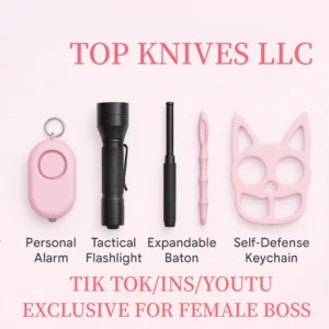 TOP KNIVES LLC pink women’s self-defense set—pepper spray, alarm, tactical flashlight, baton, keychain, OTF knife | OTFKnifeWholesale.com