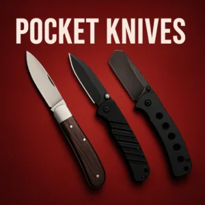 Miniatura dei coltellini tascabili: tre moderni coltelli pieghevoli su uno sfondo tecnico scuro con accenti verde acqua