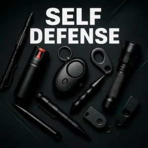 Miniatura di prodotti per l'autodifesa: penna tattica, spray al peperoncino, allarme personale, kubotan, torcia elettrica e fischietto su uno sfondo tecnico scuro