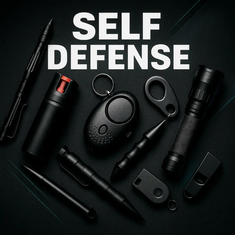 תמונה ממוזערת של מוצרי הגנה עצמית - עט טקטי, תרסיס פלפל, אזעקה אישית, קובוטן, פנס ומשרוקית על רקע טכנולוגי כהה