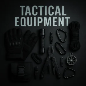 Miniatura dell'equipaggiamento tattico: guanti, torcia elettrica, multiutensile, paracord, moschettoni, fischietto, bussola e custodia su uno sfondo tecnico scuro