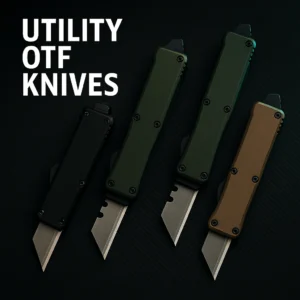 Miniatura dei coltelli multiuso OTF: tre coltelli multiuso automatici OTF con lame sostituibili su uno sfondo tecnico scuro