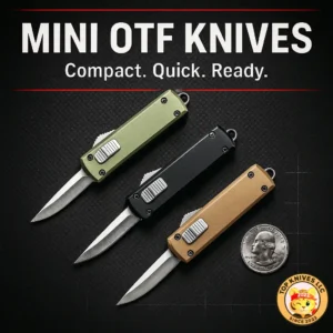 Mini OTF knives thumbnail—three compact tactical OTFs on a dark tech background with teal accents