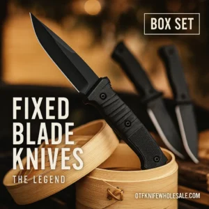 Fixed blade knives box-set style thumbnail—tactical drop/tanto/bushcraft blades on a bold red backdrop with poster typography