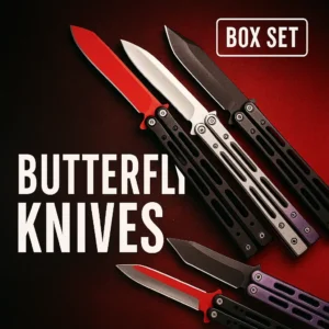 Fixed blade knives box-set style thumbnail—tactical drop/tanto/bushcraft blades on a bold red backdrop with poster typography