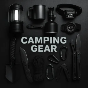Camping gear thumbnail—tent, sleeping bag, stove, lantern, multitool, rope and carabiners on a dark tech background
