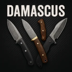 Damascus knives thumbnail—three patterned steel blades on a dark tech background with teal accents