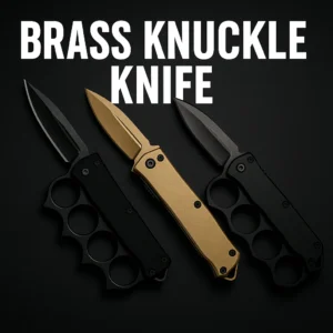 Brass knuckle knives thumbnail—three knuckle-handle OTF/folding knives on a dark tech background with bold title text