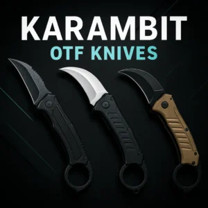 Karambit OTF knives thumbnail—three ring-handle automatic OTFs on a dark tech background with bold title text