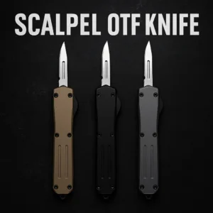 Scalpel OTF knives thumbnail—three precision automatic OTFs with replaceable scalpel blades on a dark tech background