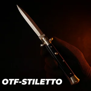 OTF stiletto knife with dagger blade under warm orange rim light on a dark tactical background.”