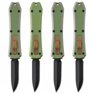 Taiga Bronze OTF knife with matte green handle, gray frame, black blade, and bronze ribbed actuator