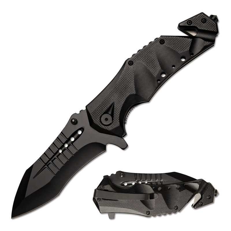 Spring Assist Tactical Folding Knife - Black Blade