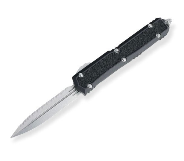 ztechknives D/E Signature Stonewashed Double Edge Full Serrated Traction Inlay Black OTF Automatic 206-12S