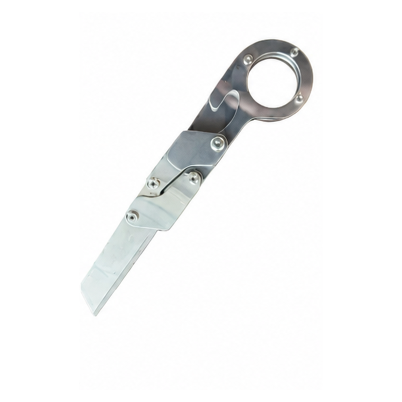 Silver all-steel folding knife with ring handle on white background