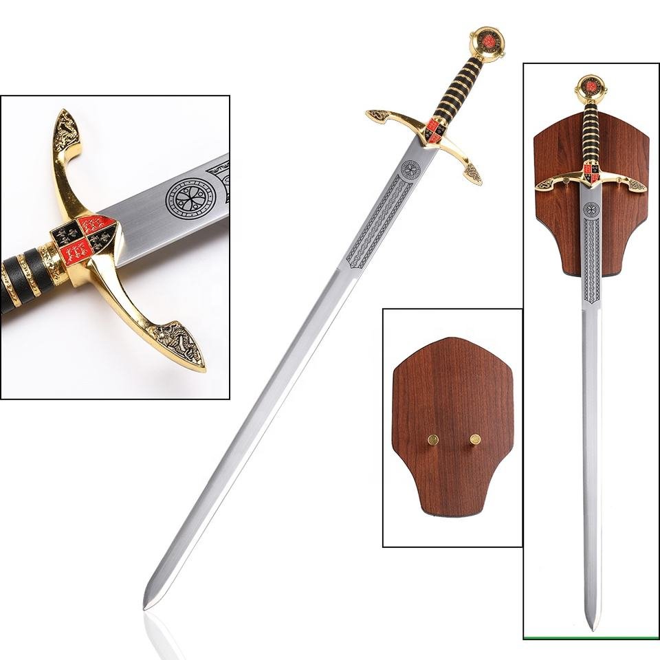 H90a32db9a5864a0ea62b6b3443bca7b8K.jpg_960x960q80.jpg Crusader Knight Style Unsharpened Decorative Medieval Sword with Display Plaque - Ref 117533