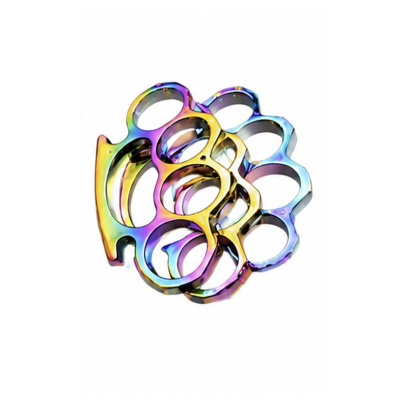 Rainbow-finish brass knuckles on white background