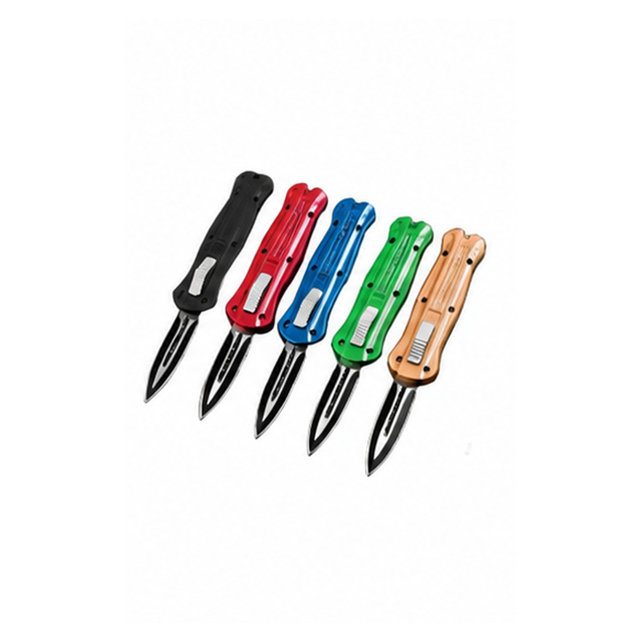 pagan-otf-knife-assorted-colors-main-20260728 Automatic OTF knives in assorted handle colors on white background