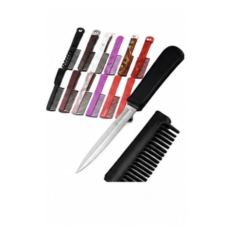Novelty comb knives in assorted colors with black sheath on white background